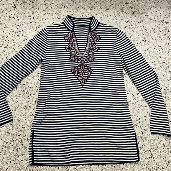 Tory Burch navy white stripe tunic long sleeve red embroidery medium m - Picture 4 of 7